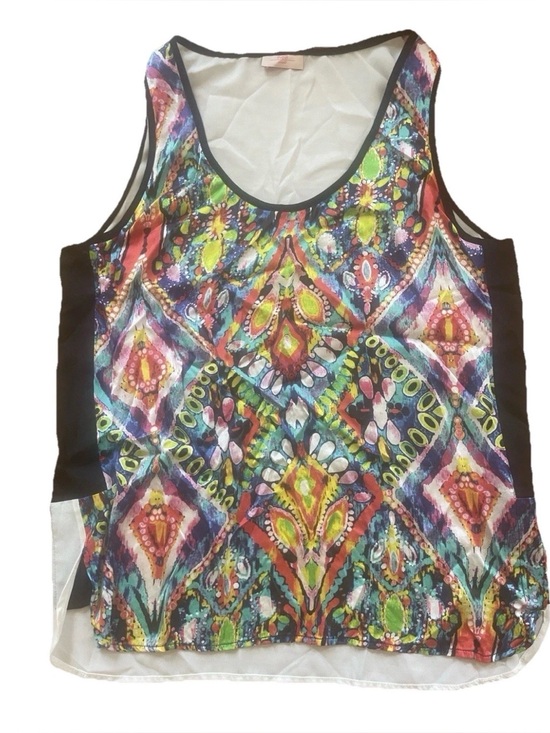 nell Tops - Nell Silk Multicolor Patterned Scoop Neck Tank Top with Black Side Panels